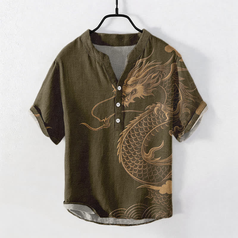 Buddha Stones Cotton Golden Dragon Pattern Men's Short Sleeve Half Button Shirt - Olive - US/UK/AU50,EU60 (5XL) - image 0