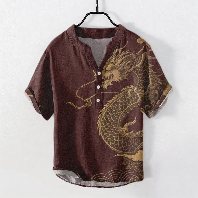 Buddha Stones Cotton Golden Dragon Pattern Men's Short Sleeve Half Button Shirt - Maroon - US/UK/AU50,EU60 (5XL) - image 5