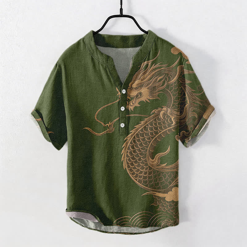 Buddha Stones Cotton Golden Dragon Pattern Men's Short Sleeve Half Button Shirt - DarkOliveGreen - US/UK/AU50,EU60 (5XL) - image 7
