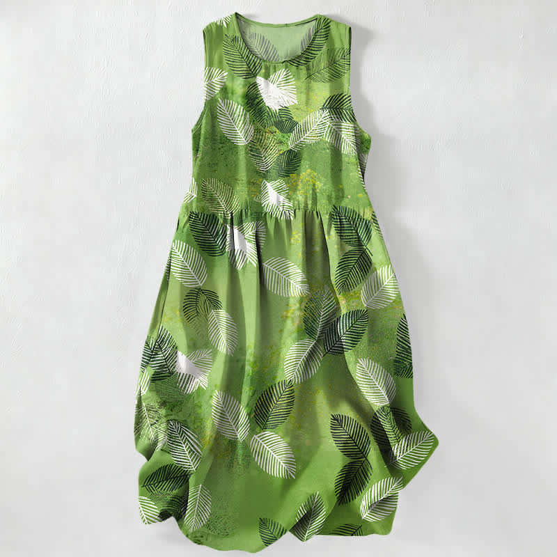 Buddha Stones Summer Casual Tropical Leaves Pattern Women's Summer Sleeveless Midi Dress With Pockets - YellowGreen - US16,UK/AU20,EU48 (3XL) - image 0