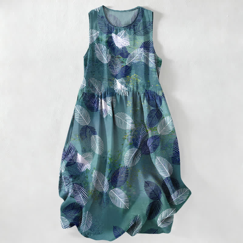Buddha Stones Summer Casual Tropical Leaves Pattern Women's Summer Sleeveless Midi Dress With Pockets - Teal - US16,UK/AU20,EU48 (3XL) - image 4