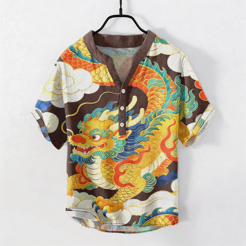 Buddha Stones Cotton Golden Dragon Auspicious Clouds Pattern Men's Short Sleeve Half Button Shirt - SaddleBrown - US/UK/AU50,EU60 (5XL) - image 0