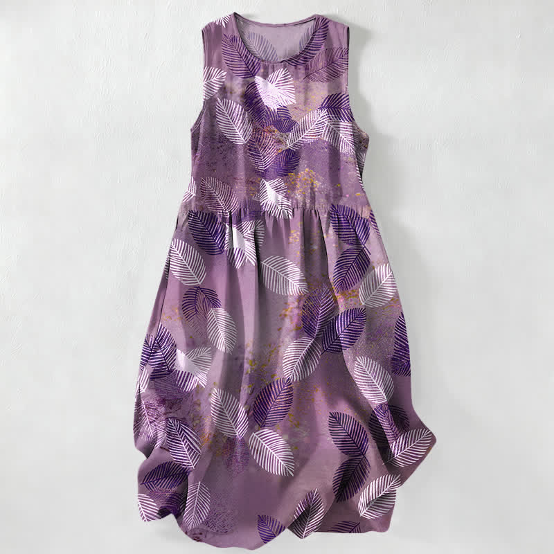 Buddha Stones Summer Casual Tropical Leaves Pattern Women's Summer Sleeveless Midi Dress With Pockets - Plum - US16,UK/AU20,EU48 (3XL) - image 5