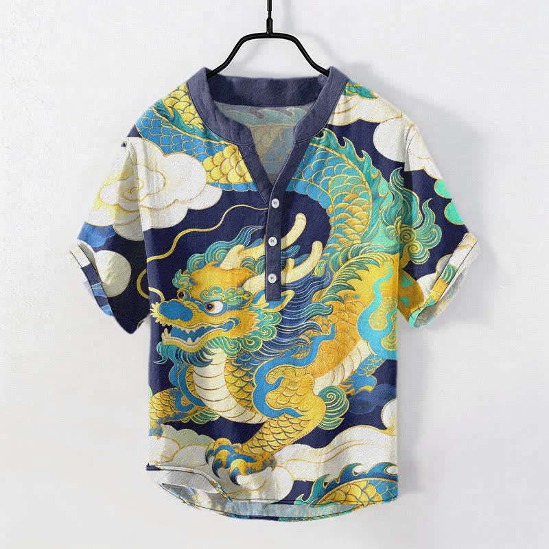 Buddha Stones Cotton Golden Dragon Auspicious Clouds Pattern Men's Short Sleeve Half Button Shirt - SteelBlue - US/UK/AU50,EU60 (5XL) - image 5