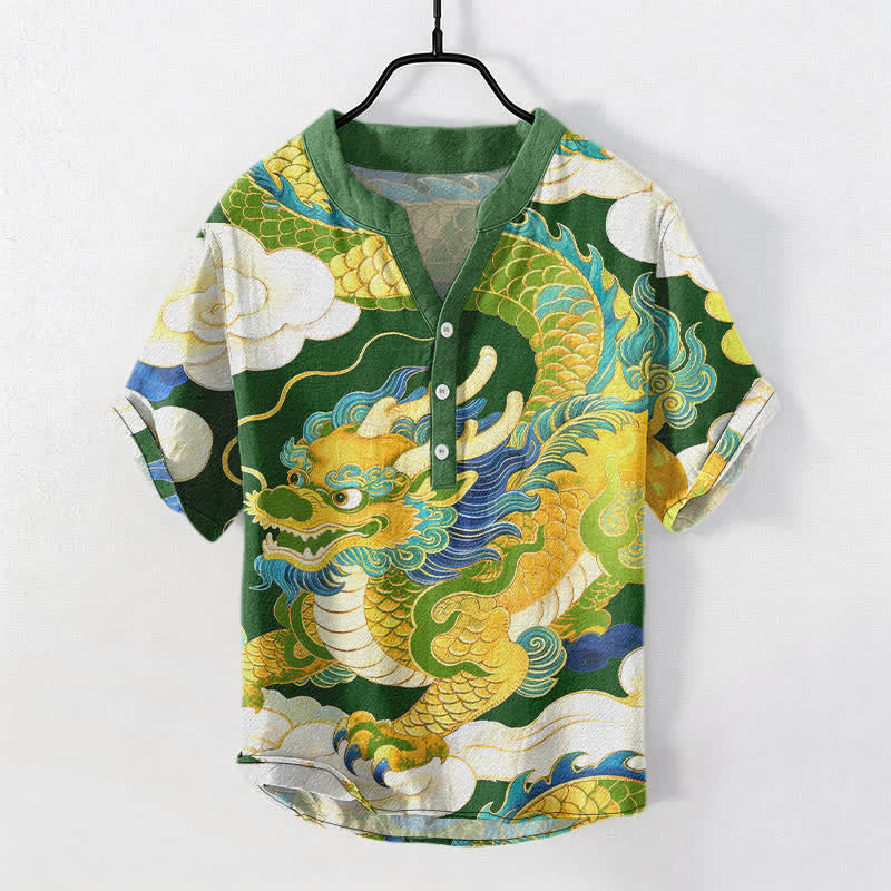 Buddha Stones Cotton Golden Dragon Auspicious Clouds Pattern Men's Short Sleeve Half Button Shirt - ForestGreen - US/UK/AU50,EU60 (5XL) - image 7