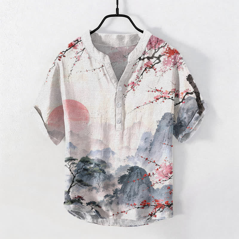 Buddha Stones Cotton Ink Landscape Plum Blossom Pattern Men's Short Sleeve Half Button Shirt - LightCoral - US/UK/AU50,EU60 (5XL) - image 0