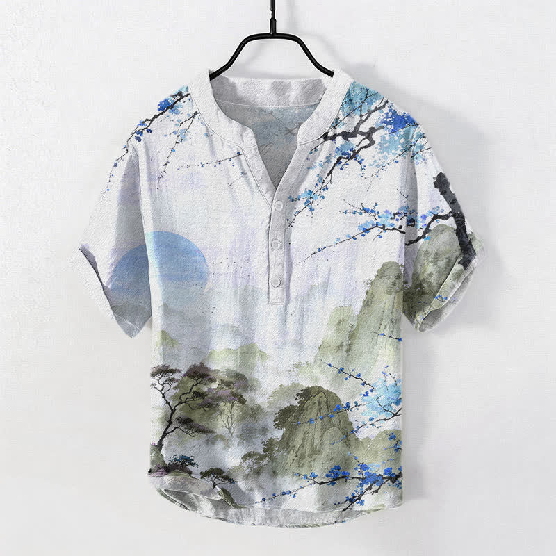 Buddha Stones Cotton Ink Landscape Plum Blossom Pattern Men's Short Sleeve Half Button Shirt - LightBlue - US/UK/AU50,EU60 (5XL) - image 3