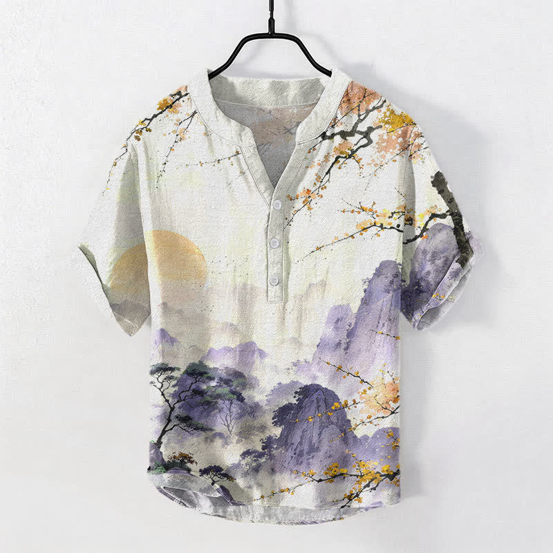 Buddha Stones Cotton Ink Landscape Plum Blossom Pattern Men's Short Sleeve Half Button Shirt - Wheat - US/UK/AU50,EU60 (5XL) - image 5