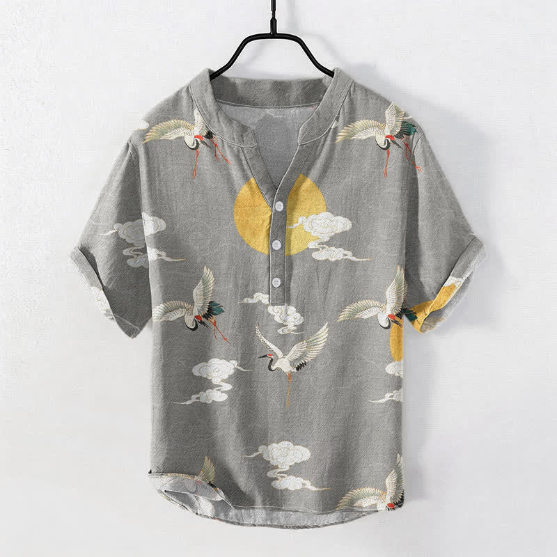 Buddha Stones Cotton Crane Cloud Sun Pattern Men's Short Sleeve Half Button Shirt - LightGrey - US/UK/AU50,EU60 (5XL) - image 0