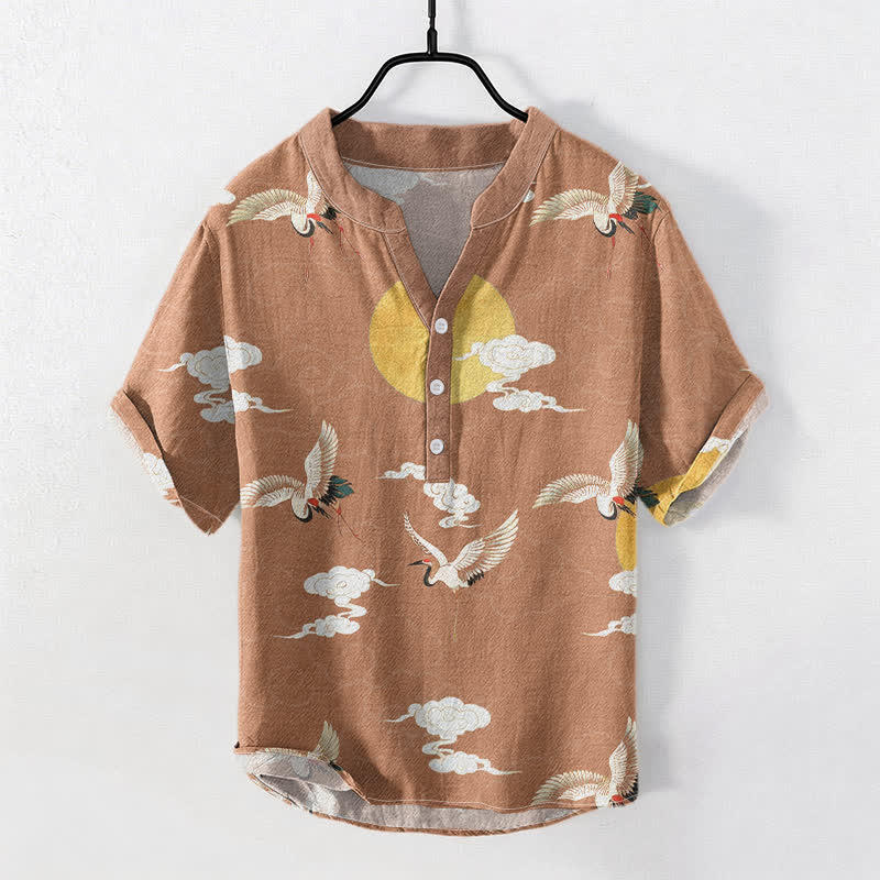 Buddha Stones Cotton Crane Cloud Sun Pattern Men's Short Sleeve Half Button Shirt - SandyBrown - US/UK/AU50,EU60 (5XL) - image 3