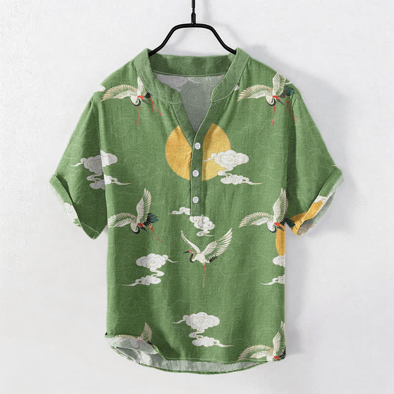 Buddha Stones Cotton Crane Cloud Sun Pattern Men's Short Sleeve Half Button Shirt - MediumSeaGreen - US/UK/AU50,EU60 (5XL) - image 5
