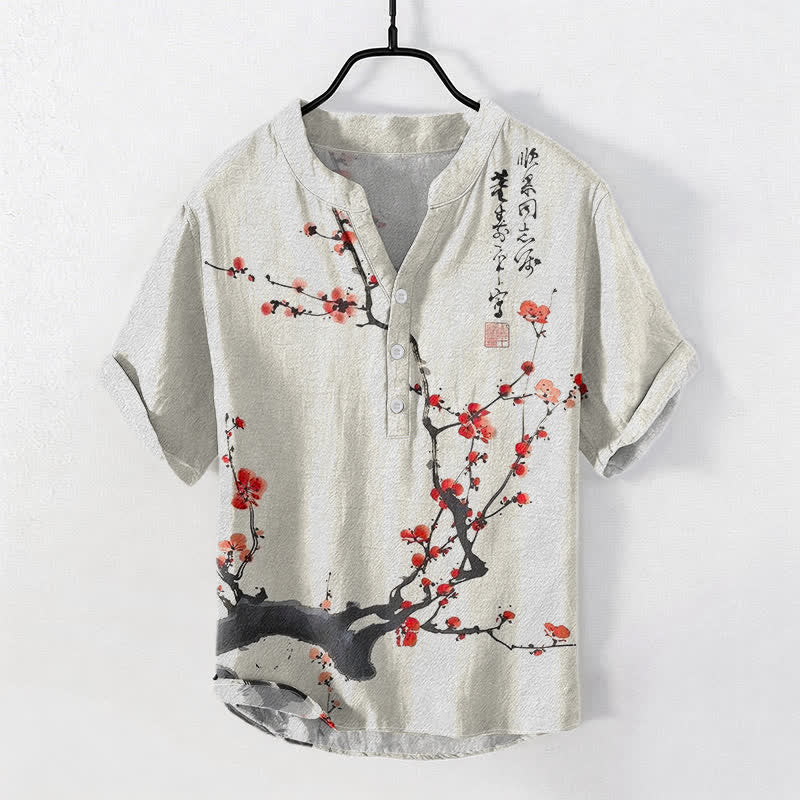 Buddha Stones Cotton Plum Blossom Branch Pattern Calligraphy Men's Short Sleeve Half Button Shirt - LightCoral - US/UK/AU50,EU60 (5XL) - image 0