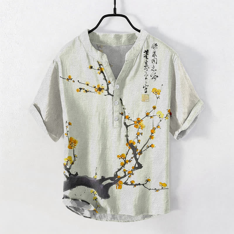 Buddha Stones Cotton Plum Blossom Branch Pattern Calligraphy Men's Short Sleeve Half Button Shirt - Khaki - US/UK/AU50,EU60 (5XL) - image 3