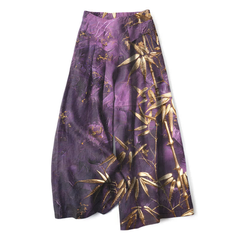 Buddha Stones Cotton Linen Golden Bamboo Pattern Women's Elastic Waist Wide Leg Pants With Pockets - BlueViolet - US16,UK/AU20,EU48 (3XL) - image 0