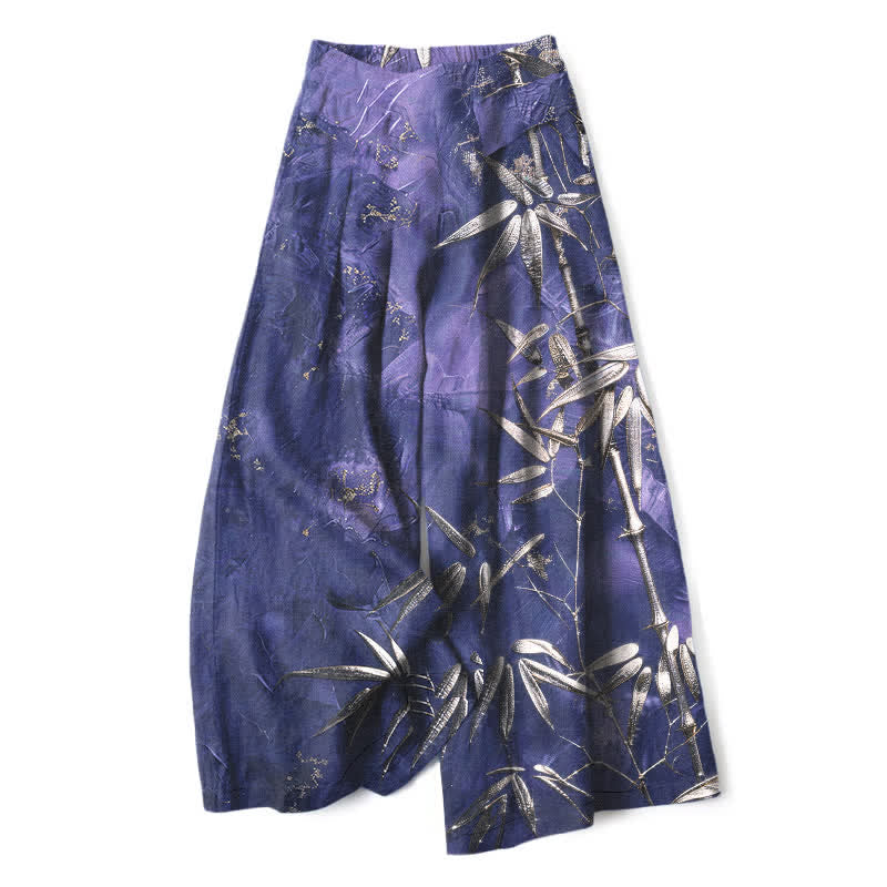 Buddha Stones Cotton Linen Golden Bamboo Pattern Women's Elastic Waist Wide Leg Pants With Pockets - Indigo - US16,UK/AU20,EU48 (3XL) - image 5