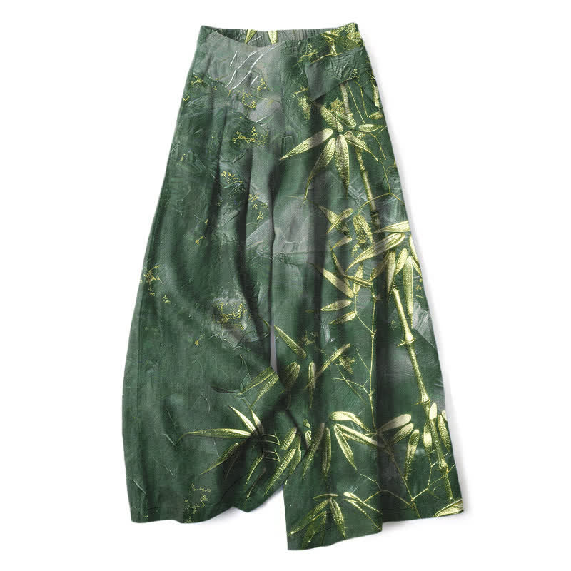 Buddha Stones Cotton Linen Golden Bamboo Pattern Women's Elastic Waist Wide Leg Pants With Pockets - ForestGreen - US16,UK/AU20,EU48 (3XL) - image 7