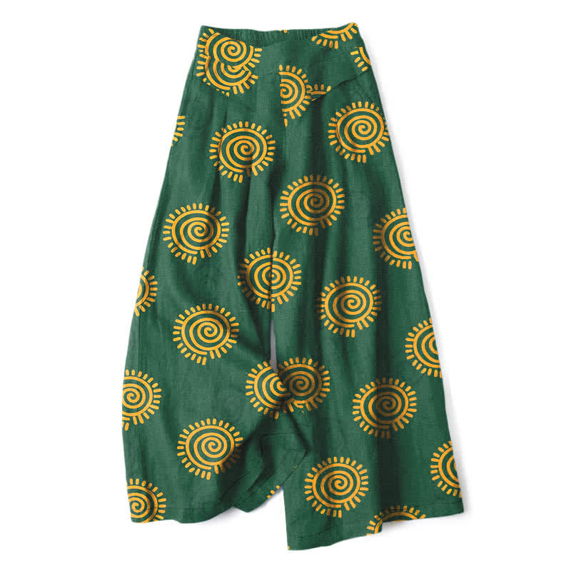 Buddha Stones Cotton Linen Sun Spiral Pattern Women's Elastic Waist Wide Leg Pants With Pockets - ForestGreen - US16,UK/AU20,EU48 (3XL) - image 0