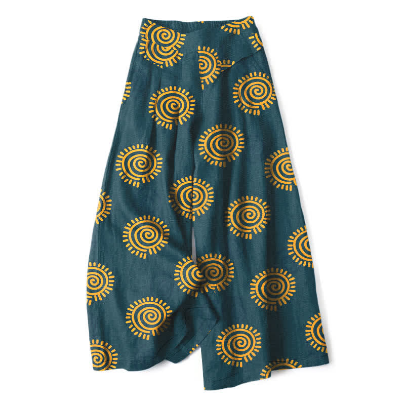 Buddha Stones Cotton Linen Sun Spiral Pattern Women's Elastic Waist Wide Leg Pants With Pockets - Teal - US16,UK/AU20,EU48 (3XL) - image 5