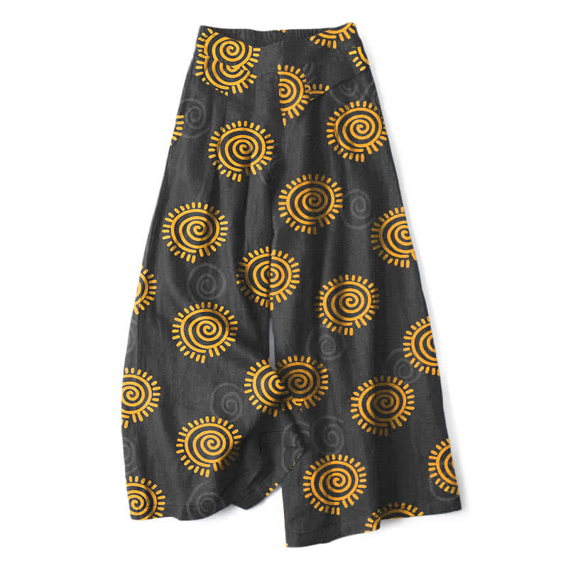 Buddha Stones Cotton Linen Sun Spiral Pattern Women's Elastic Waist Wide Leg Pants With Pockets - Black - US16,UK/AU20,EU48 (3XL) - image 7