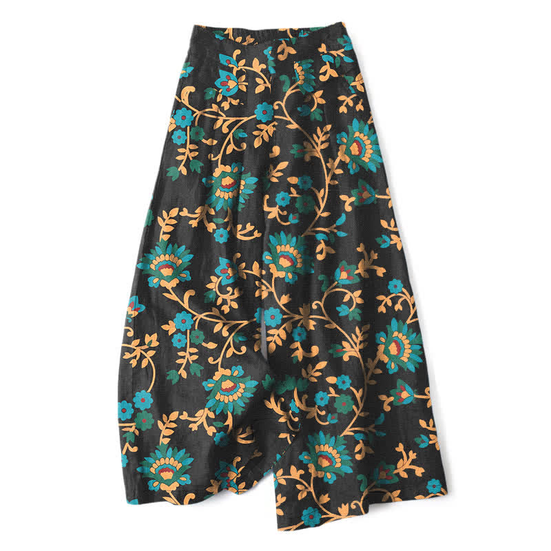Buddha Stones Cotton Linen Turquoise Vine Floral Pattern Women's Elastic Waist Wide Leg Pants With Pockets - Black - US16,UK/AU20,EU48 (3XL) - image 0