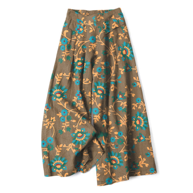 Buddha Stones Cotton Linen Turquoise Vine Floral Pattern Women's Elastic Waist Wide Leg Pants With Pockets - DarkKhaki - US16,UK/AU20,EU48 (3XL) - image 5