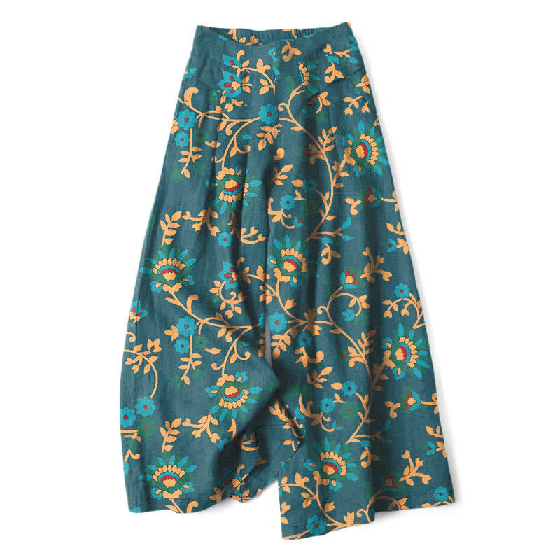 Buddha Stones Cotton Linen Turquoise Vine Floral Pattern Women's Elastic Waist Wide Leg Pants With Pockets - Teal - US16,UK/AU20,EU48 (3XL) - image 7