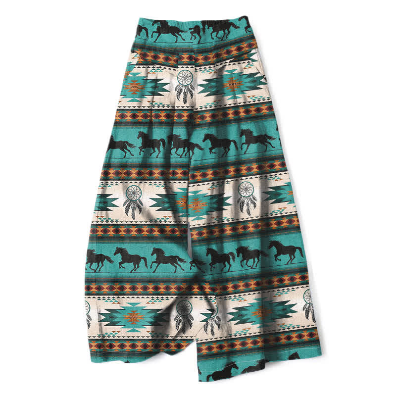 Buddha Stones Cotton Linen Horse Dreamcatcher Pattern Women's Elastic Waist Wide Leg Pants With Pockets - Turquoise - US16,UK/AU20,EU48 (3XL) - image 0