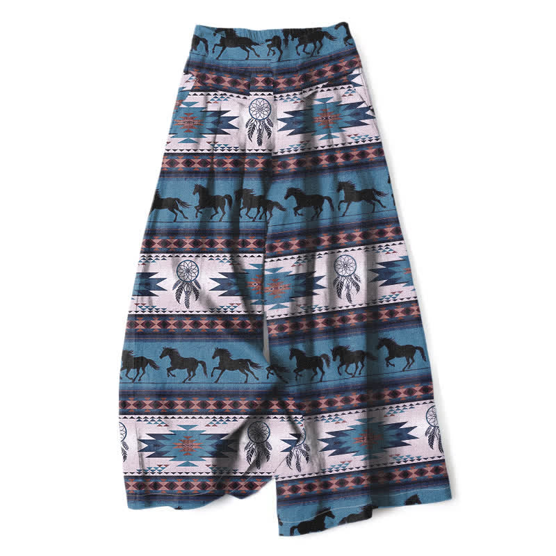 Buddha Stones Cotton Linen Horse Dreamcatcher Pattern Women's Elastic Waist Wide Leg Pants With Pockets - DeepSkyBlue - US16,UK/AU20,EU48 (3XL) - image 5