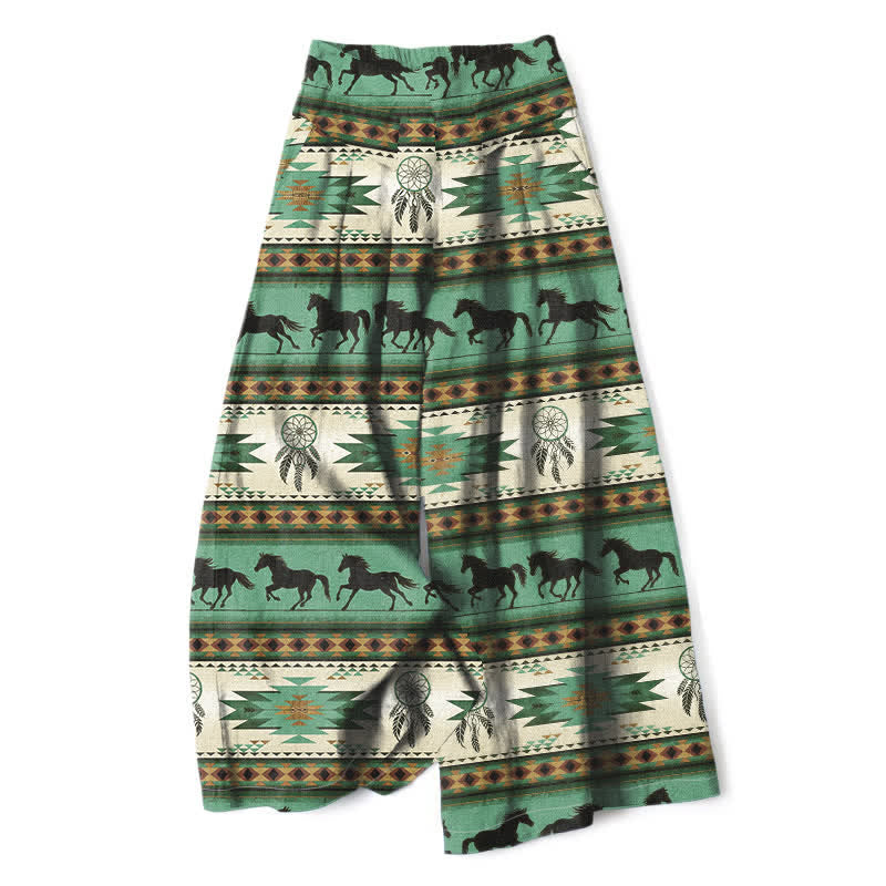 Buddha Stones Cotton Linen Horse Dreamcatcher Pattern Women's Elastic Waist Wide Leg Pants With Pockets - MediumSeaGreen - US16,UK/AU20,EU48 (3XL) - image 7