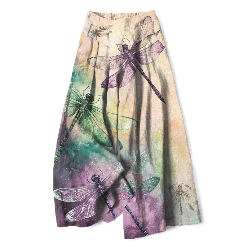 Buddha Stones Cotton Linen Watercolor Dragonfly Pattern Women's Elastic Waist Wide Leg Pants With Pockets - Linen - US16,UK/AU20,EU48 (3XL) - image 0
