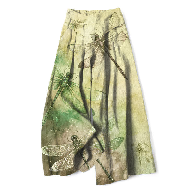 Buddha Stones Cotton Linen Watercolor Dragonfly Pattern Women's Elastic Waist Wide Leg Pants With Pockets - Khaki - US16,UK/AU20,EU48 (3XL) - image 5