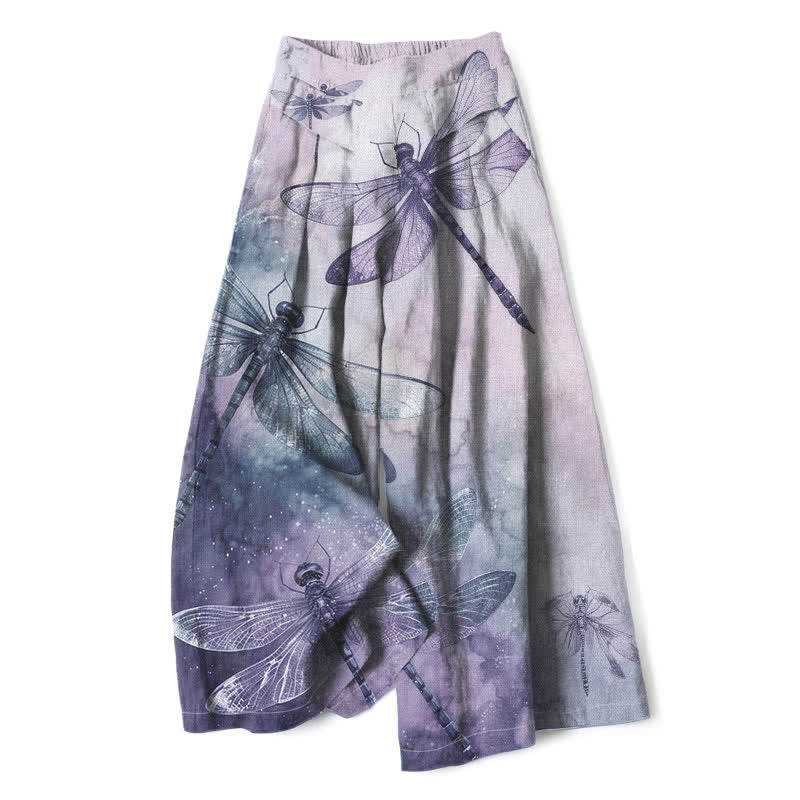 Buddha Stones Cotton Linen Watercolor Dragonfly Pattern Women's Elastic Waist Wide Leg Pants With Pockets - Lavender - US16,UK/AU20,EU48 (3XL) - image 7