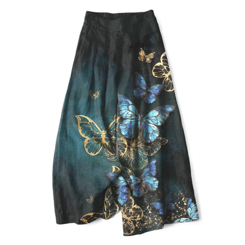 Buddha Stones Cotton Linen Butterfly Pattern Women's Elastic Waist Wide Leg Pants With Pockets - Black - US16,UK/AU20,EU48 (3XL) - image 0