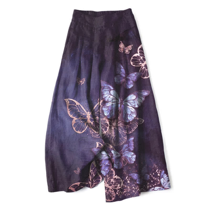 Buddha Stones Cotton Linen Butterfly Pattern Women's Elastic Waist Wide Leg Pants With Pockets - Indigo - US16,UK/AU20,EU48 (3XL) - image 5
