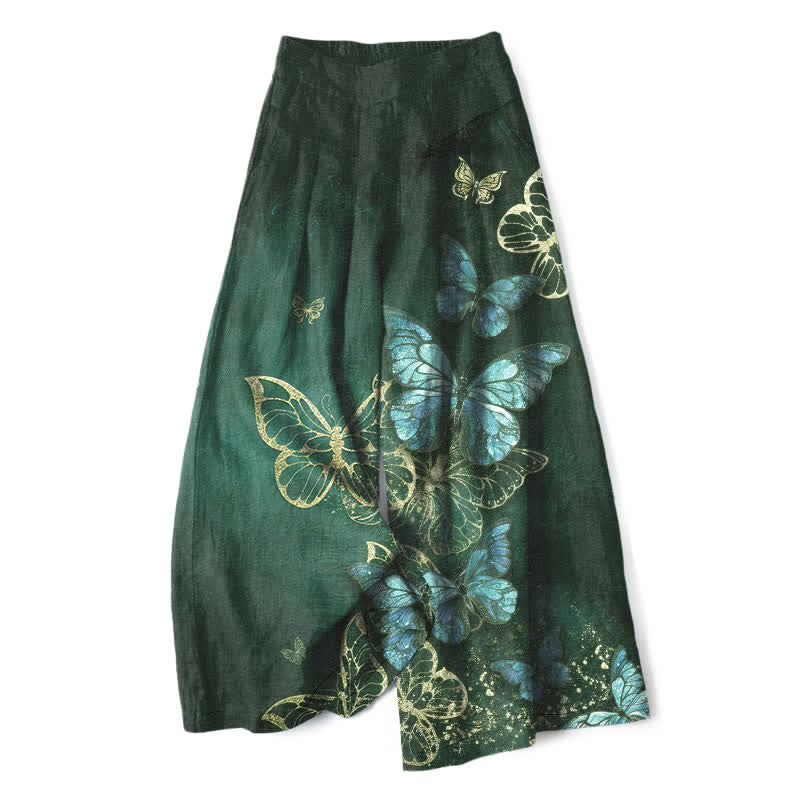 Buddha Stones Cotton Linen Butterfly Pattern Women's Elastic Waist Wide Leg Pants With Pockets - ForestGreen - US16,UK/AU20,EU48 (3XL) - image 7