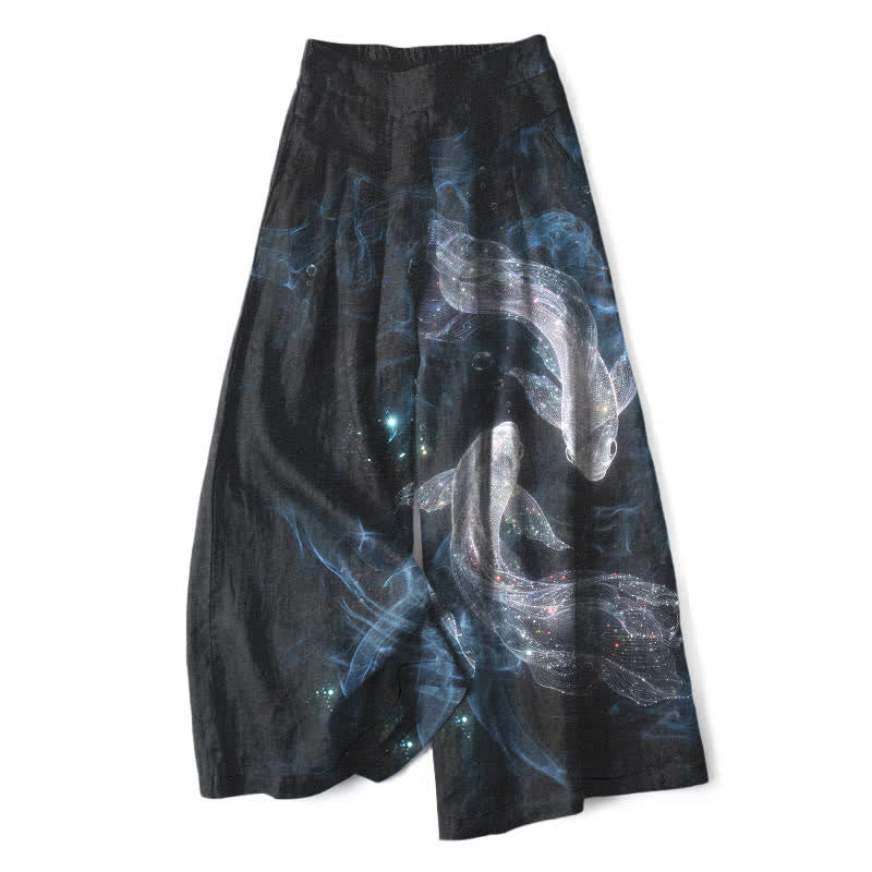 Buddha Stones Cotton Linen Mystic Fish Pattern Women's Elastic Waist Wide Leg Pants With Pockets - Black - US16,UK/AU20,EU48 (3XL) - image 0