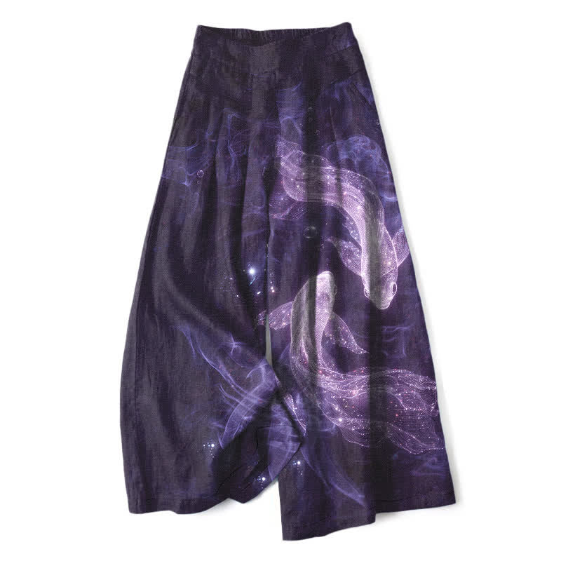 Buddha Stones Cotton Linen Mystic Fish Pattern Women's Elastic Waist Wide Leg Pants With Pockets - Indigo - US16,UK/AU20,EU48 (3XL) - image 5