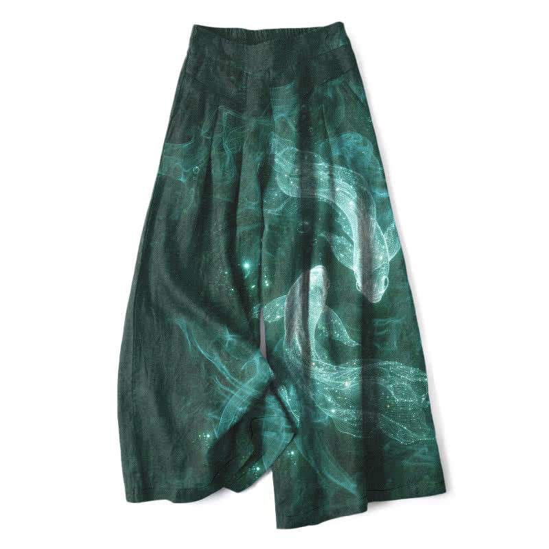 Buddha Stones Cotton Linen Mystic Fish Pattern Women's Elastic Waist Wide Leg Pants With Pockets - Teal - US16,UK/AU20,EU48 (3XL) - image 7