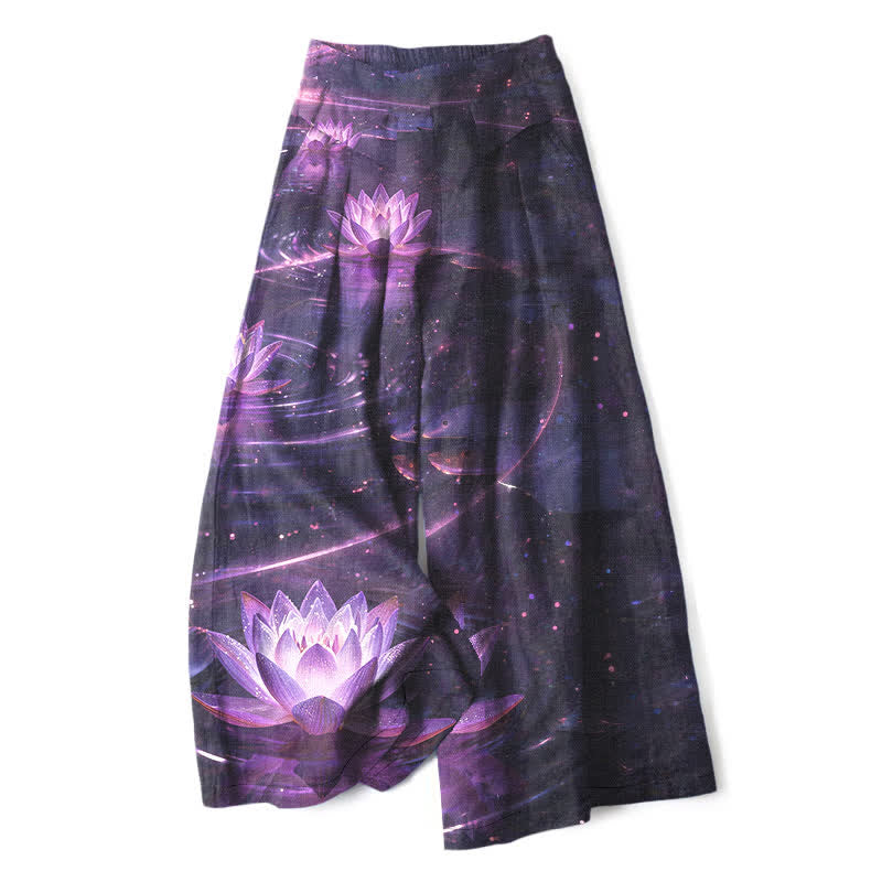 Buddha Stones Cotton Linen Lotus Galaxy Pattern Women's Elastic Waist Wide Leg Pants With Pockets - Indigo - US16,UK/AU20,EU48 (3XL) - image 0