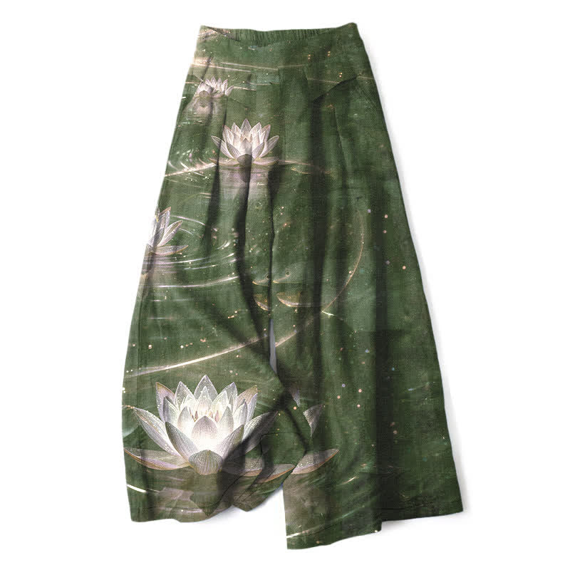 Buddha Stones Cotton Linen Lotus Galaxy Pattern Women's Elastic Waist Wide Leg Pants With Pockets - DarkOliveGreen - US16,UK/AU20,EU48 (3XL) - image 5