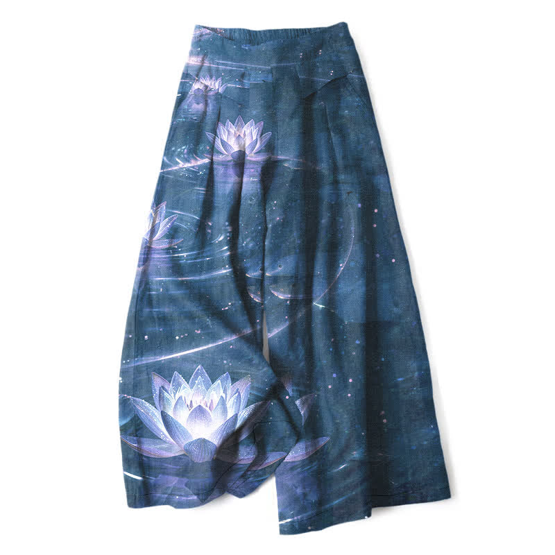 Buddha Stones Cotton Linen Lotus Galaxy Pattern Women's Elastic Waist Wide Leg Pants With Pockets - DarkBlue - US16,UK/AU20,EU48 (3XL) - image 7