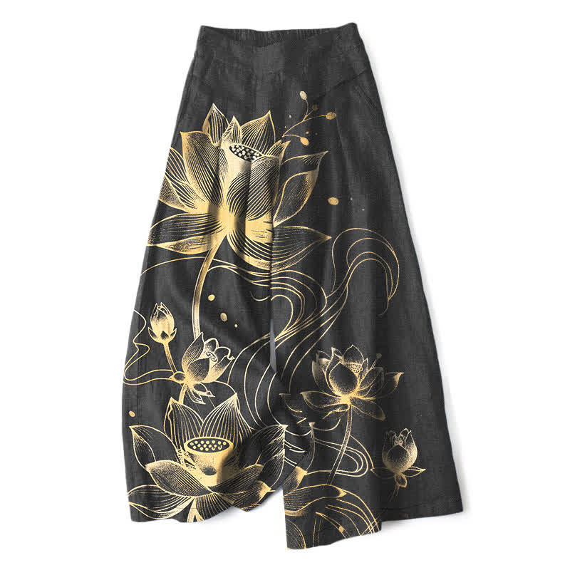 Buddha Stones Cotton Linen Golden Lotus Pattern Women's Elastic Waist Wide Leg Pants With Pockets - Black - US16,UK/AU20,EU48 (3XL) - image 0