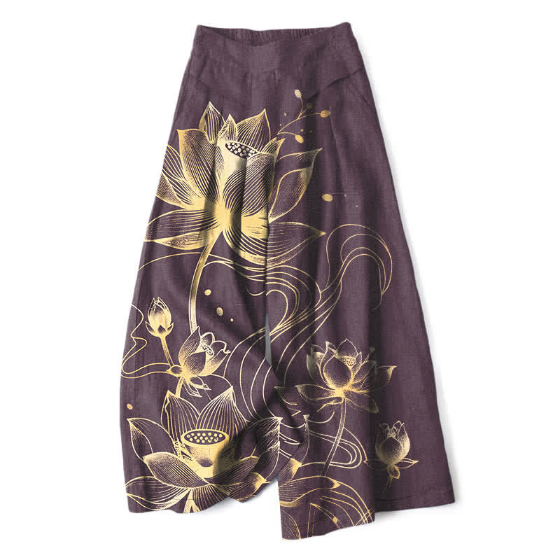 Buddha Stones Cotton Linen Golden Lotus Pattern Women's Elastic Waist Wide Leg Pants With Pockets - Purple - US16,UK/AU20,EU48 (3XL) - image 5