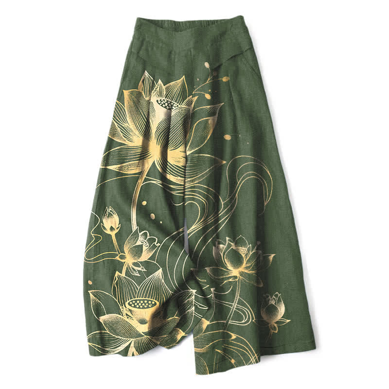 Buddha Stones Cotton Linen Golden Lotus Pattern Women's Elastic Waist Wide Leg Pants With Pockets - DarkOliveGreen - US16,UK/AU20,EU48 (3XL) - image 7