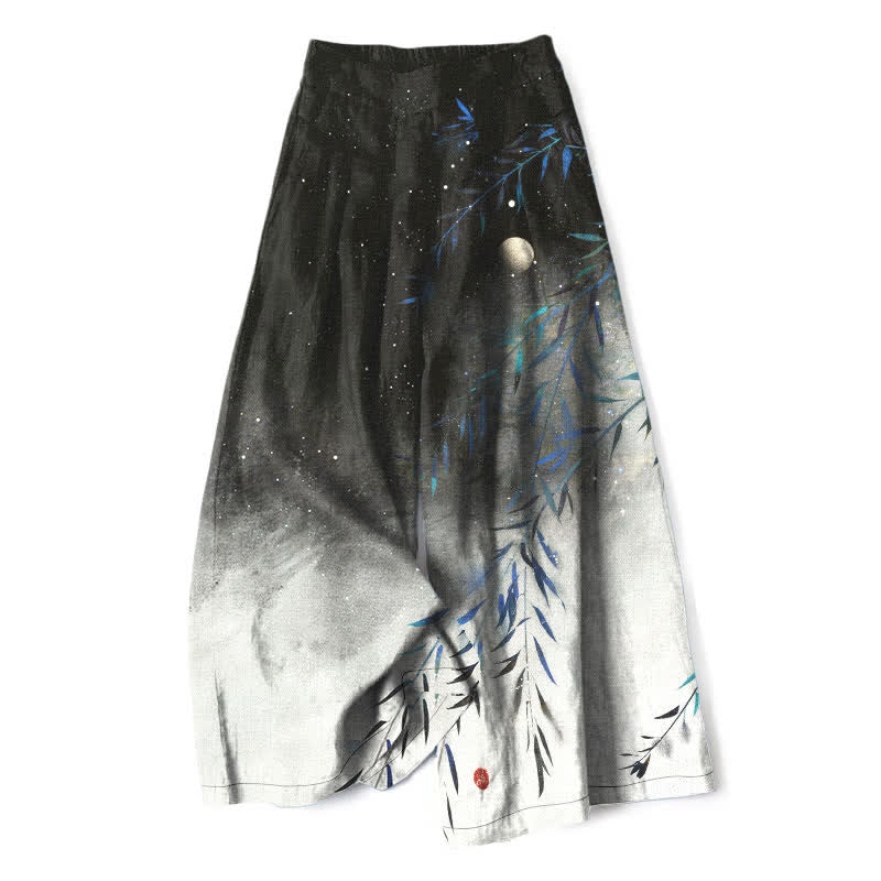 Buddha Stones Cotton Linen Moonlit Bamboo Pattern Women's Elastic Waist Wide Leg Pants With Pockets - Black - US16,UK/AU20,EU48 (3XL) - image 0