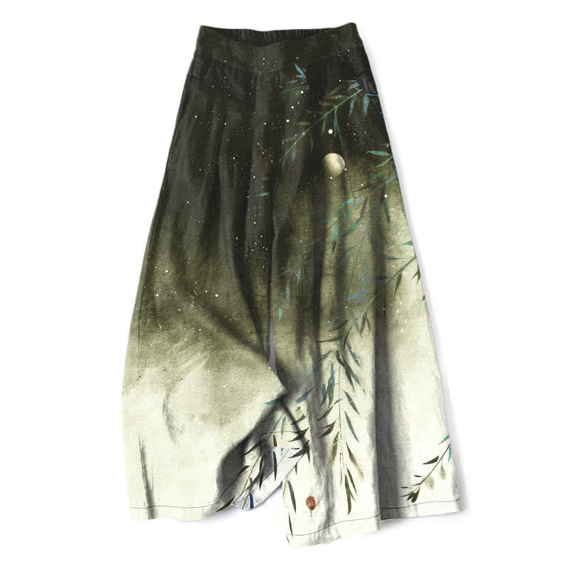 Buddha Stones Cotton Linen Moonlit Bamboo Pattern Women's Elastic Waist Wide Leg Pants With Pockets - DarkOliveGreen - US16,UK/AU20,EU48 (3XL) - image 5