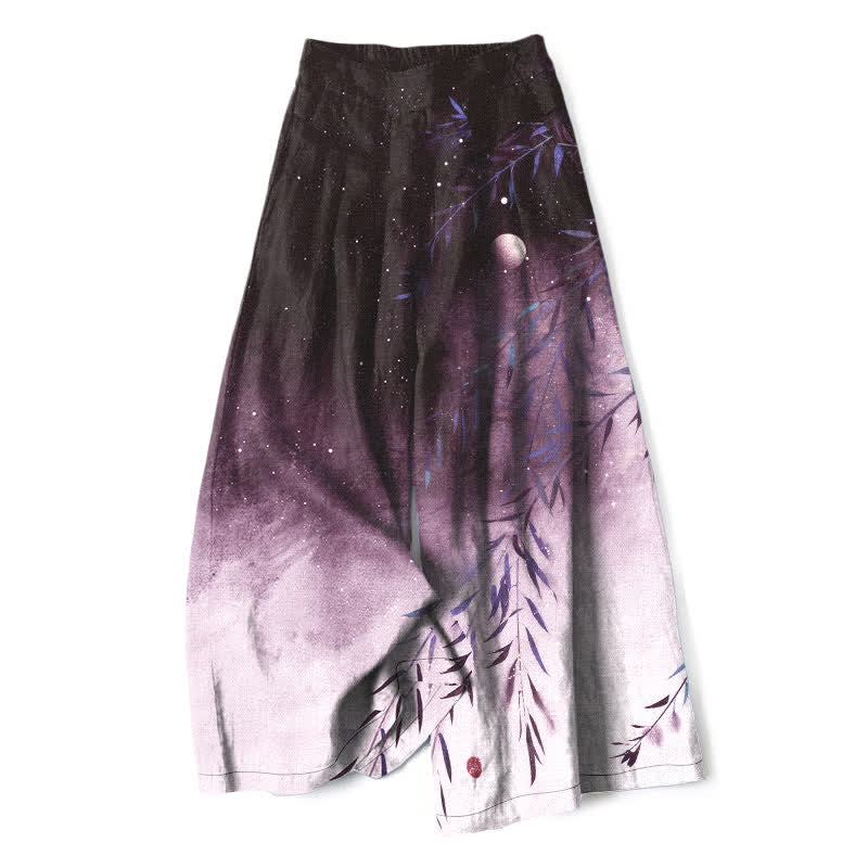 Buddha Stones Cotton Linen Moonlit Bamboo Pattern Women's Elastic Waist Wide Leg Pants With Pockets - DarkViolet - US16,UK/AU20,EU48 (3XL) - image 7