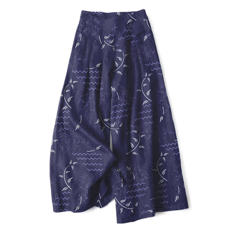 Buddha Stones Cotton Linen Botanical Wave Pattern Women's Elastic Waist Wide Leg Pants With Pockets - Navy - US16,UK/AU20,EU48 (3XL) - image 0