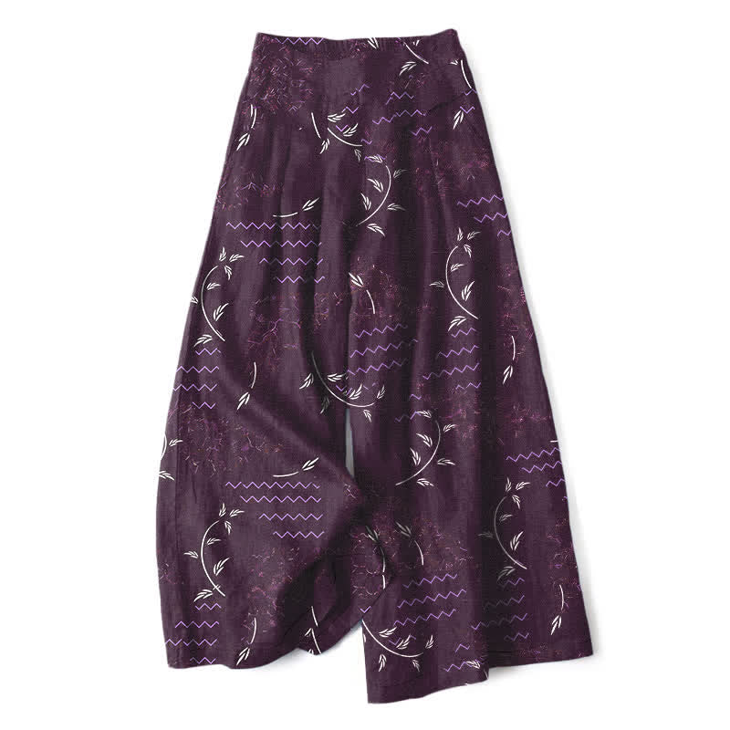 Buddha Stones Cotton Linen Botanical Wave Pattern Women's Elastic Waist Wide Leg Pants With Pockets - Purple - US16,UK/AU20,EU48 (3XL) - image 7