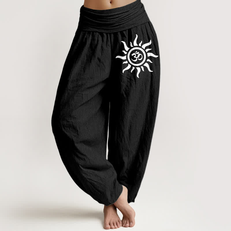 Buddha Stones Pure Cotton Sun Om Pattern Women's Elastic Waist Harem Pants - Black - US16,UK/AU20,EU48 (3XL) - image 0